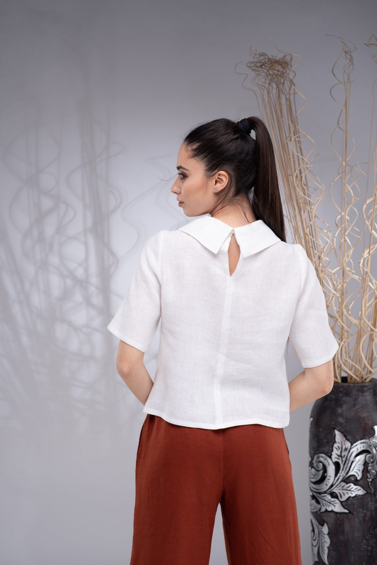 Linen Short Sleeve Summer White Blouse