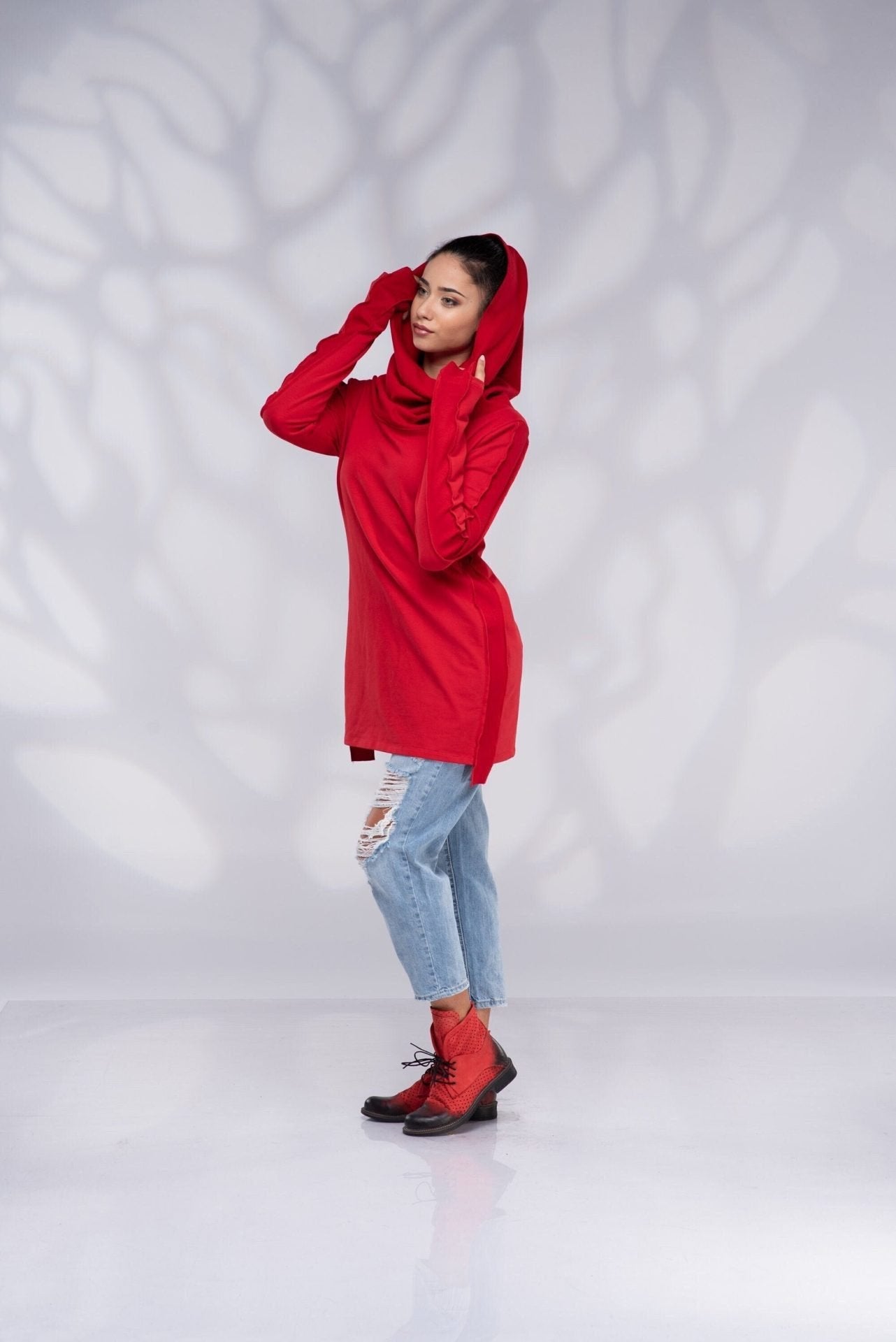 Cowl Neck Loose Loungewear Pixie Hoodie Sweatshirt with Thumb Hole