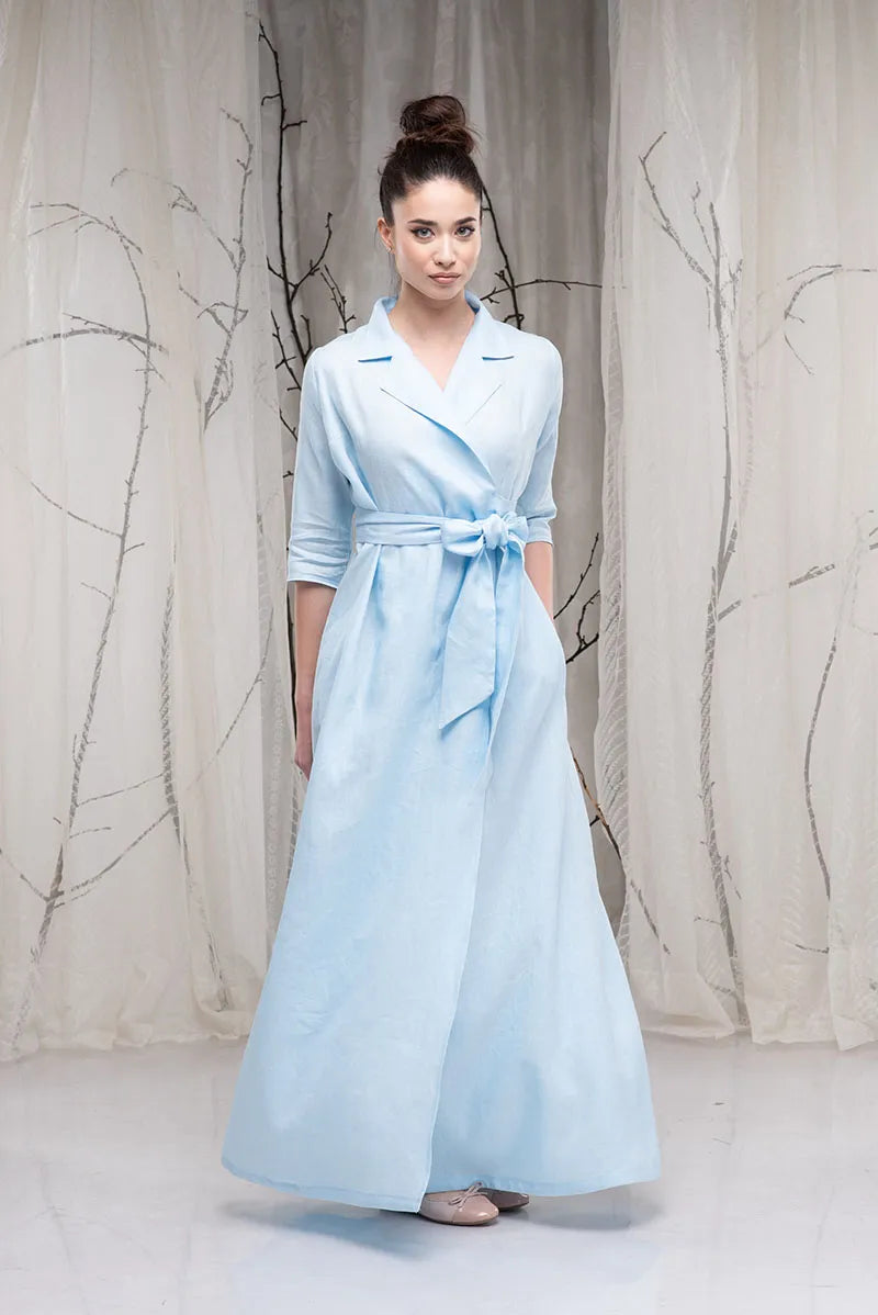 Boho Long Linen Shawl Collar Dress