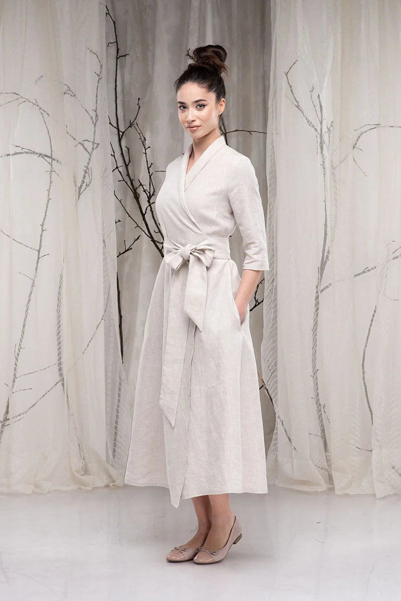 Linen Wrap Dress - Boho Wedding Dress with Sleeves