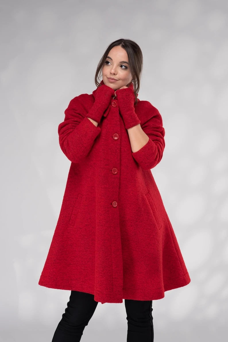 Red Winter Wool Swing Coat A-line 1950s Coat