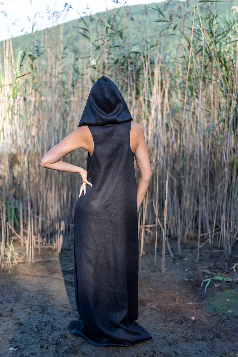 Black Linen Hoodie Dress with Zipper made of Pure Linen