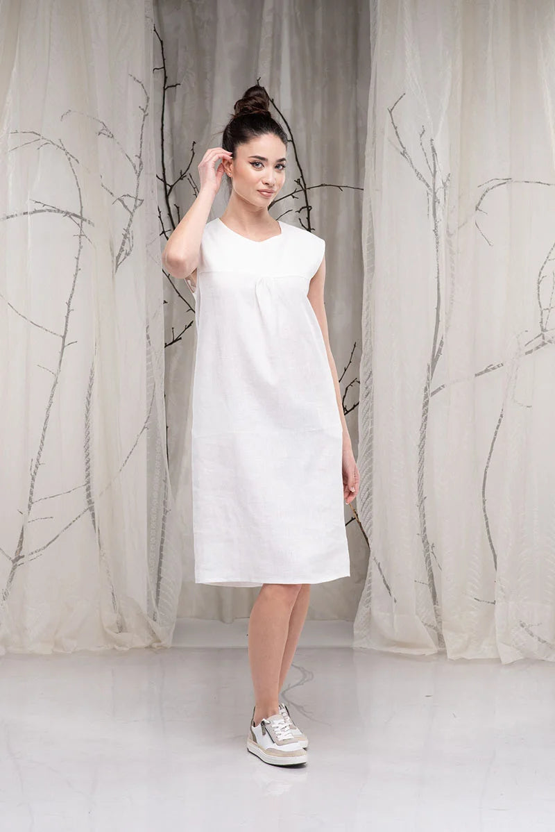 Linen White Knee Length Dress - A-line Midi Dress
