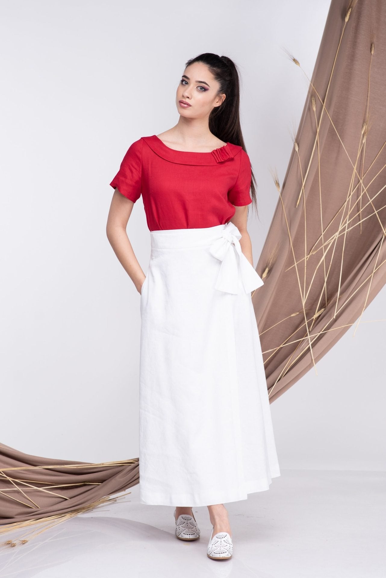 Linen Red Short Sleeve Basic Blouse