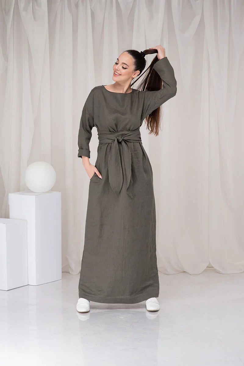 Long Linen Maxi Dress with Obi Belt