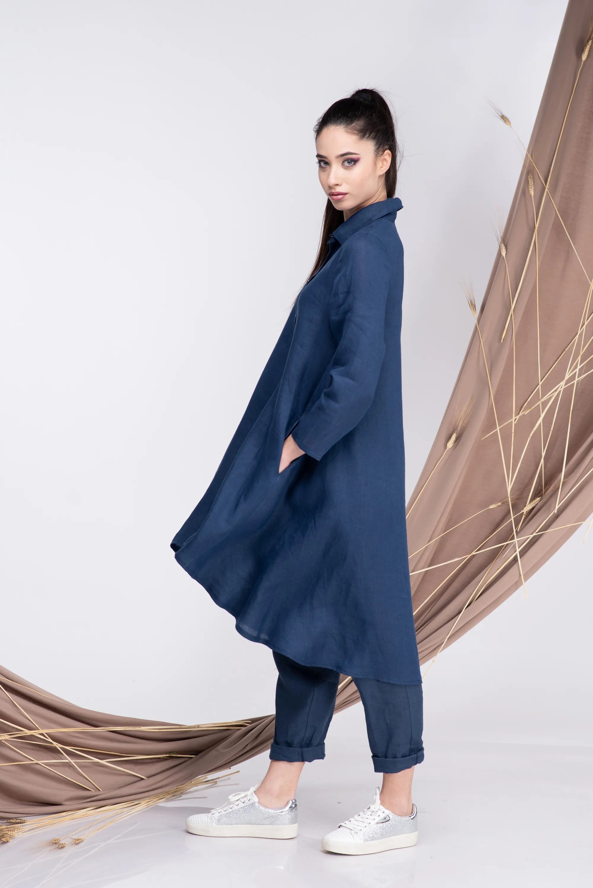 Linen Long Plus Size Button Asymmetrical Tunic Shirt-Danellys-4.webp