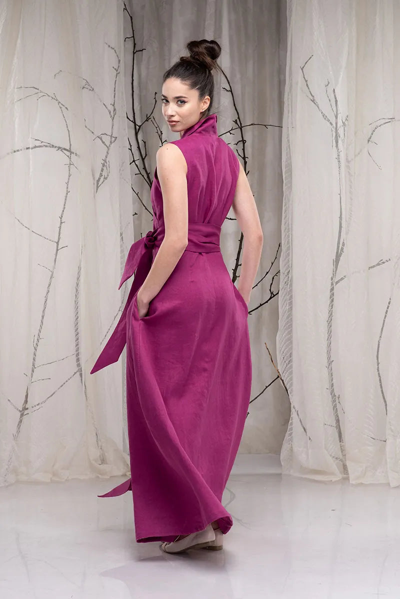 Linen Sleeveless Purple Wedding Guest Dress - Long Maxi Wrap Dress
