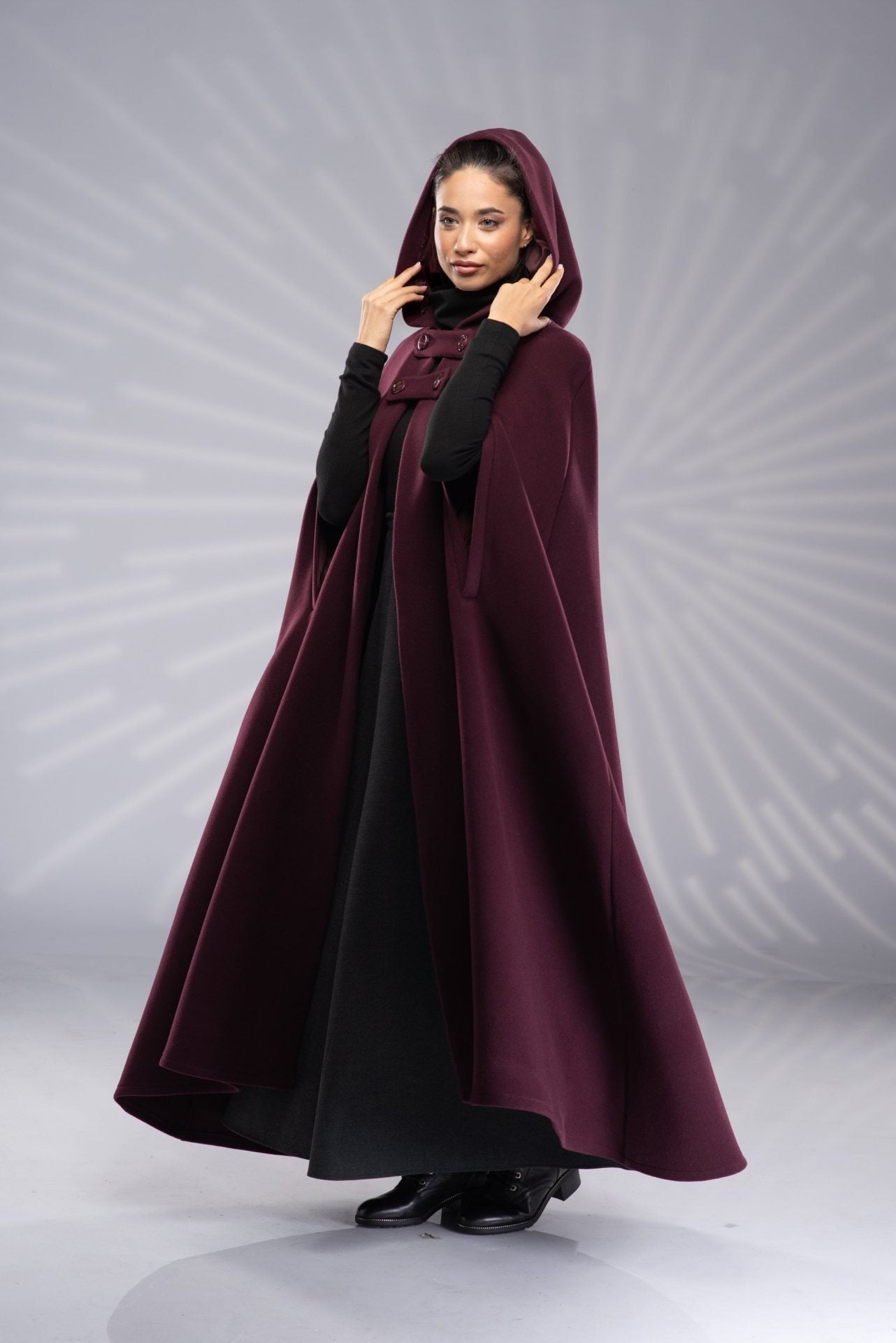 Wool Coat Cloak with Hood Long Maxi Hooded Cloak