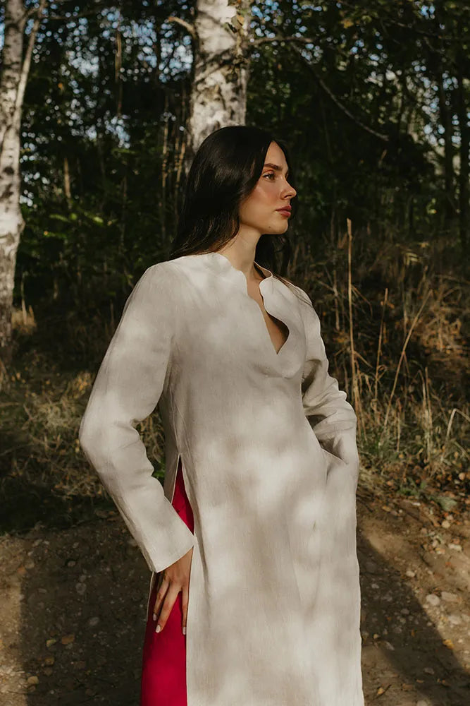 Elegant Long Linen Tunic Dress with Side Slit and Long Sleeves