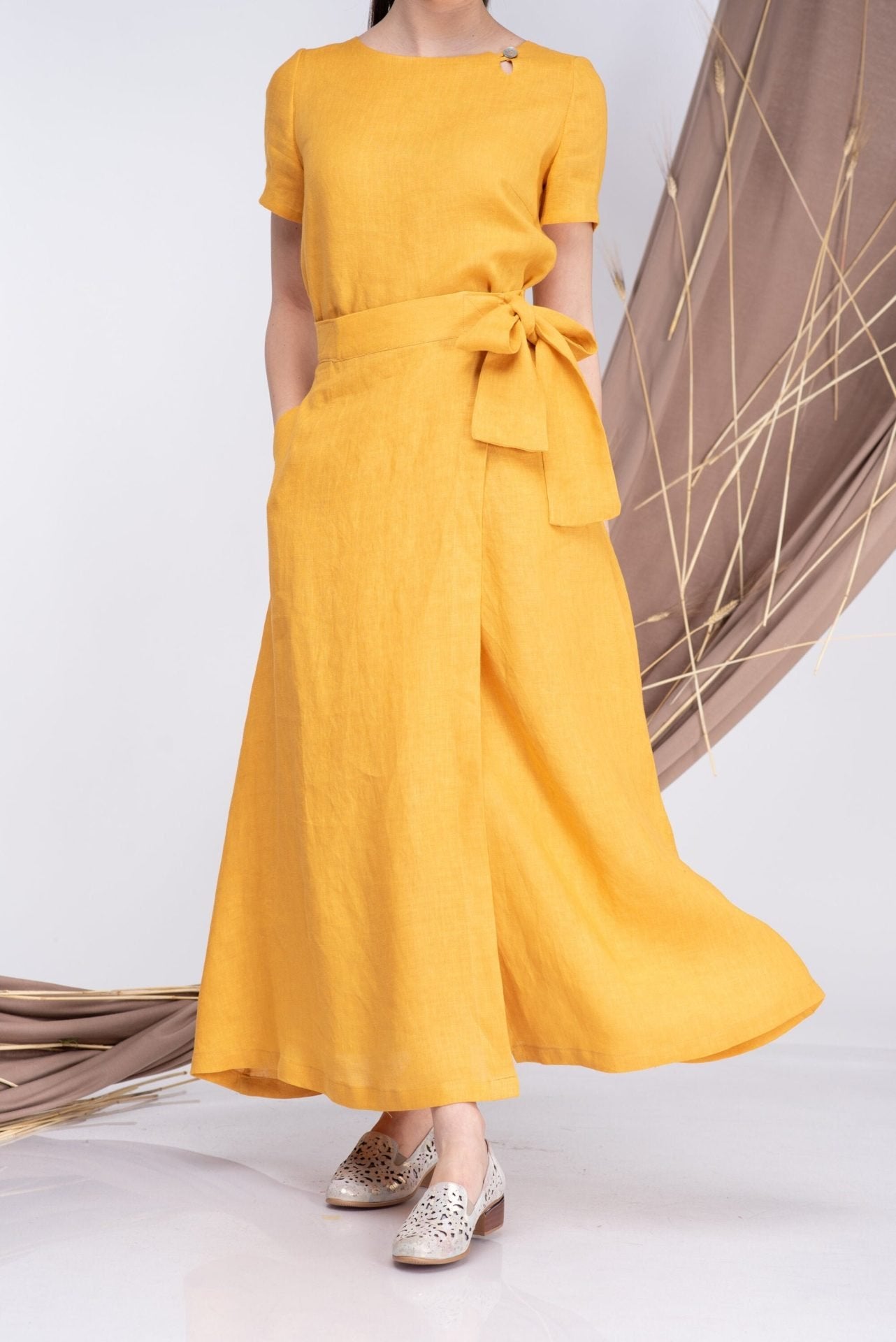 Wrap Linen Maxi Skirt with Pockets