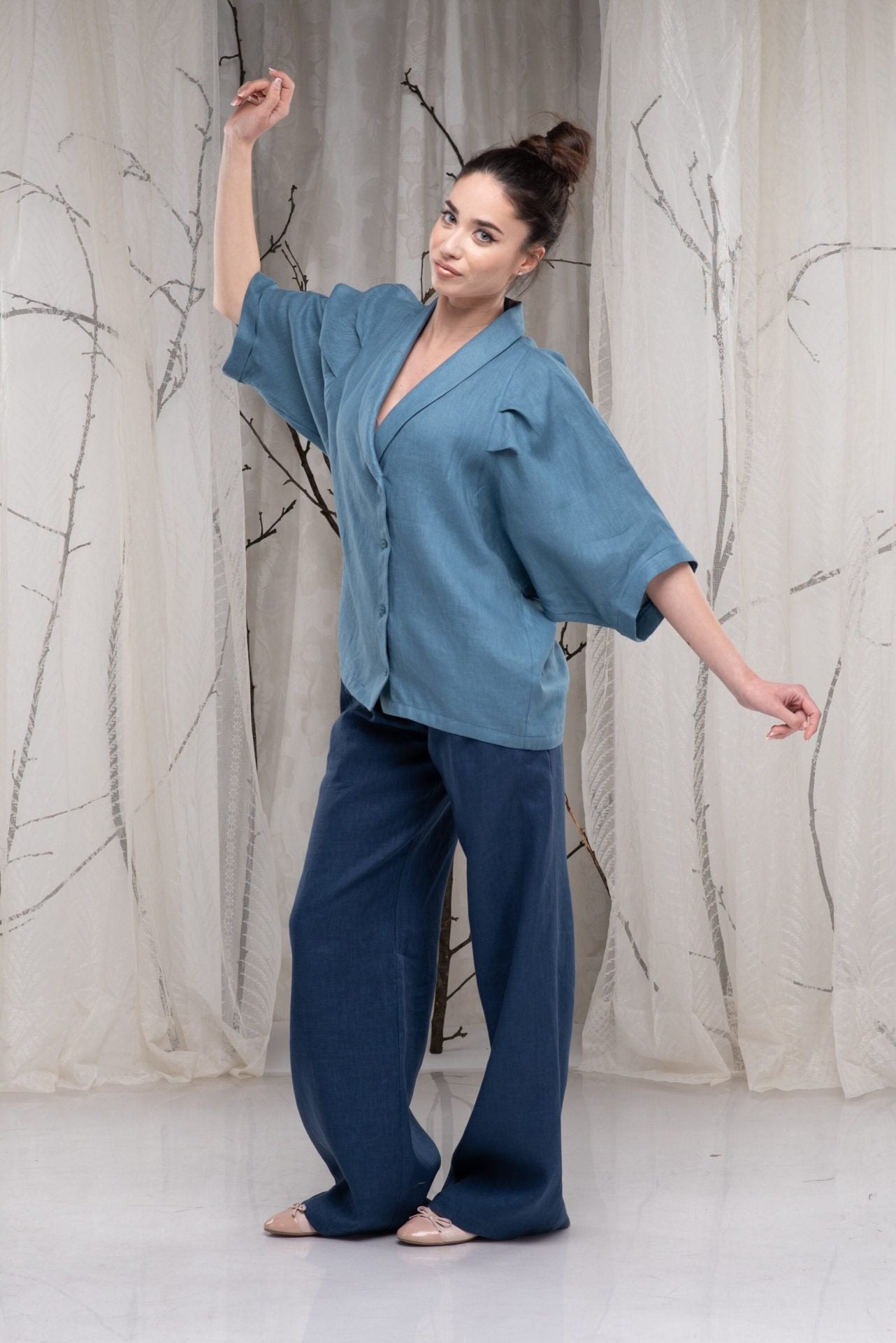 Loose Linen Shawl Collar Blouse with Short Kimono Sleeves