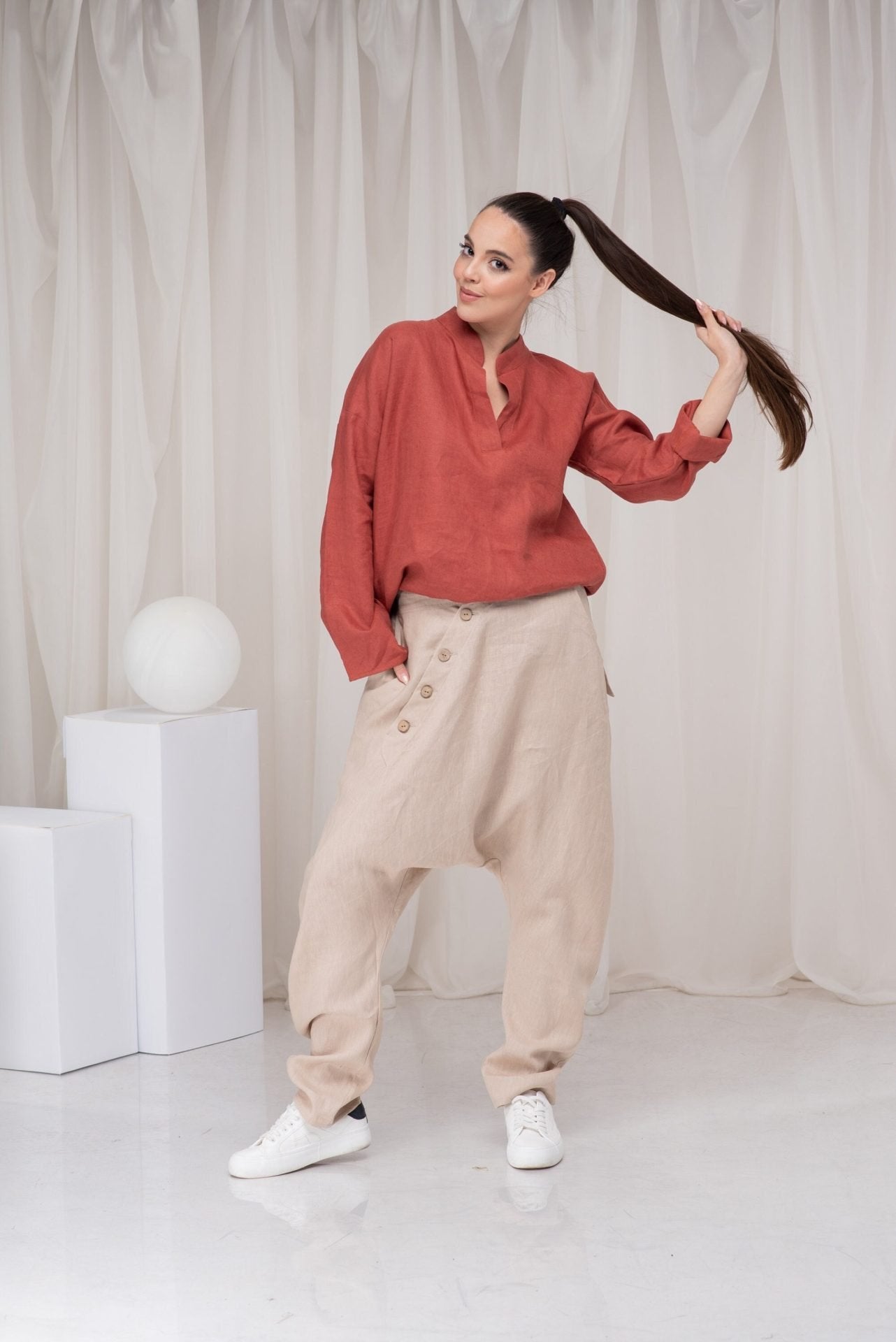 Linen Plus Size Loose Summer Burnt Orange Blouse