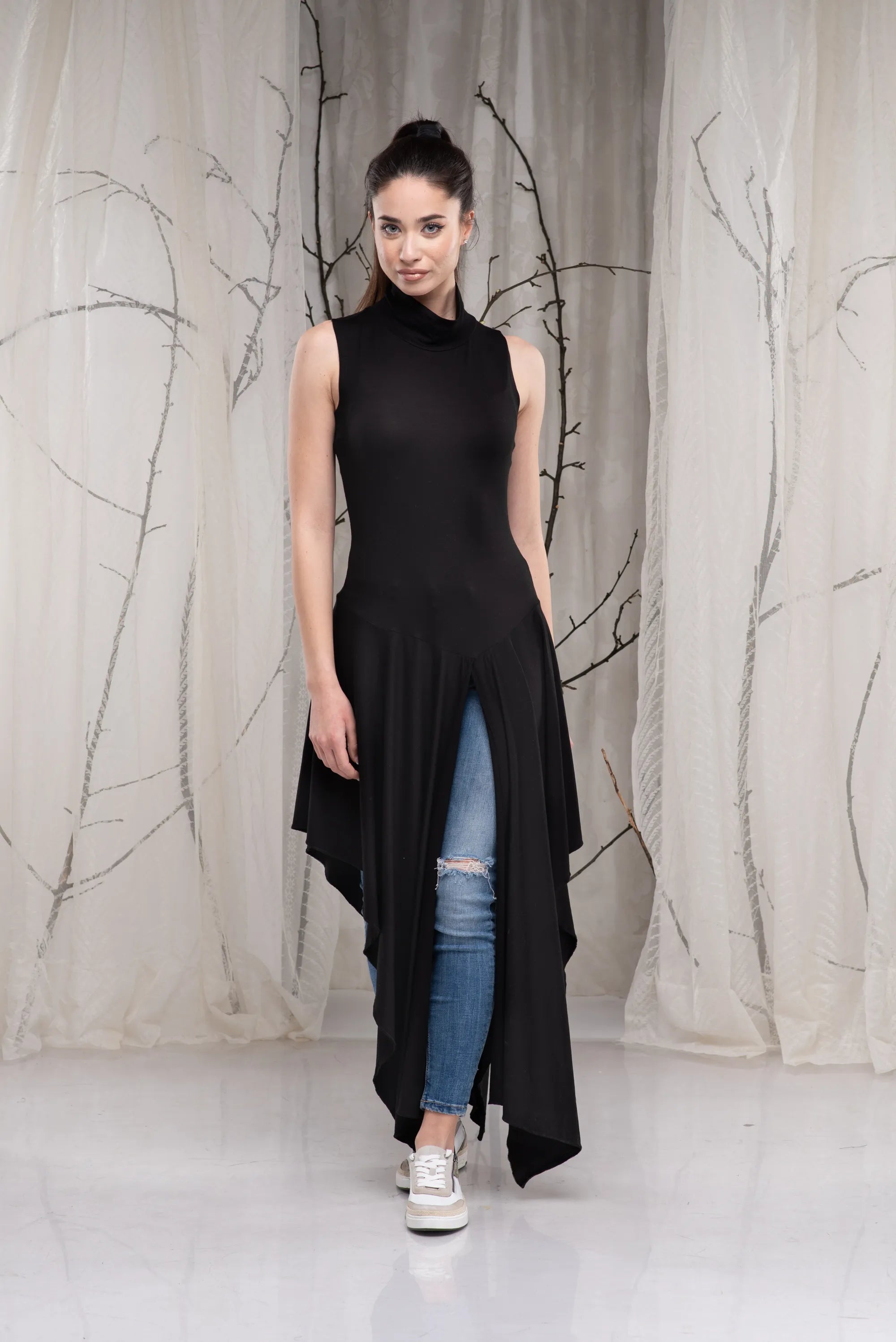 Long Black Turtleneck Asymmetrical Draped Sleeveless Tunic Top-Danellys-3.webp