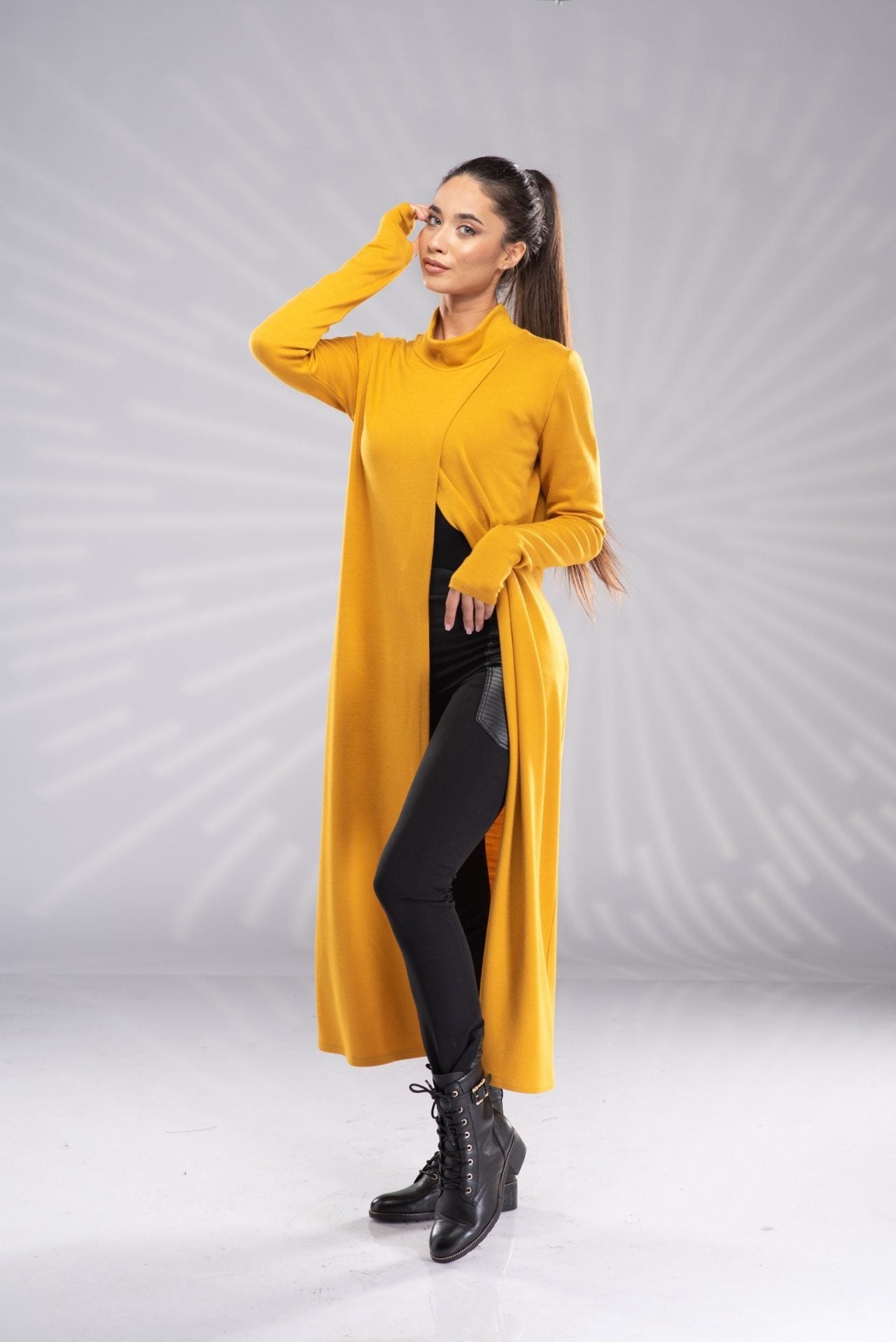 Knit Mustard Maxi Tunic Sweater Dress Side Slit with Turtleneck