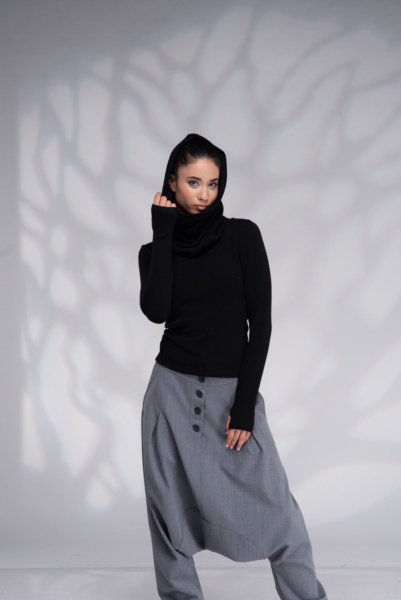 Black Cowl Hood Winter Sweater with Thumb Holes