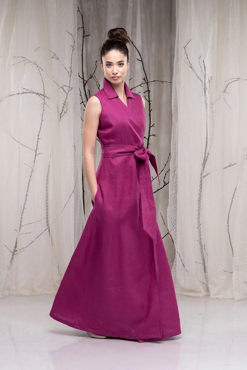 Linen Sleeveless Purple Wedding Guest Dress - Long Maxi Wrap Dress