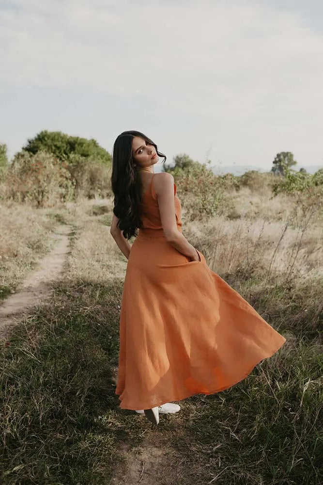 Rust Orange Spaghetti Strap Linen Maxi Dress with Tie Waist