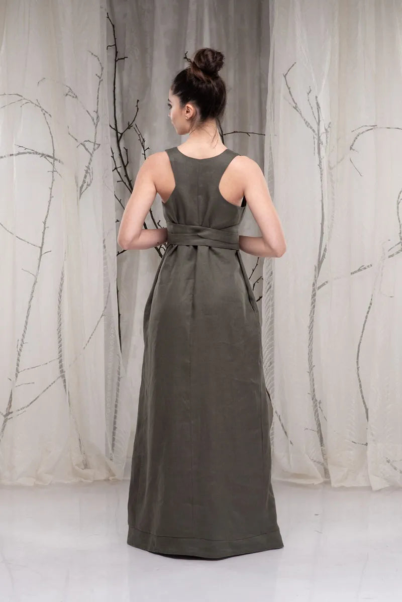 Linen Khaki Summer Maxi Dress with Obi Belt