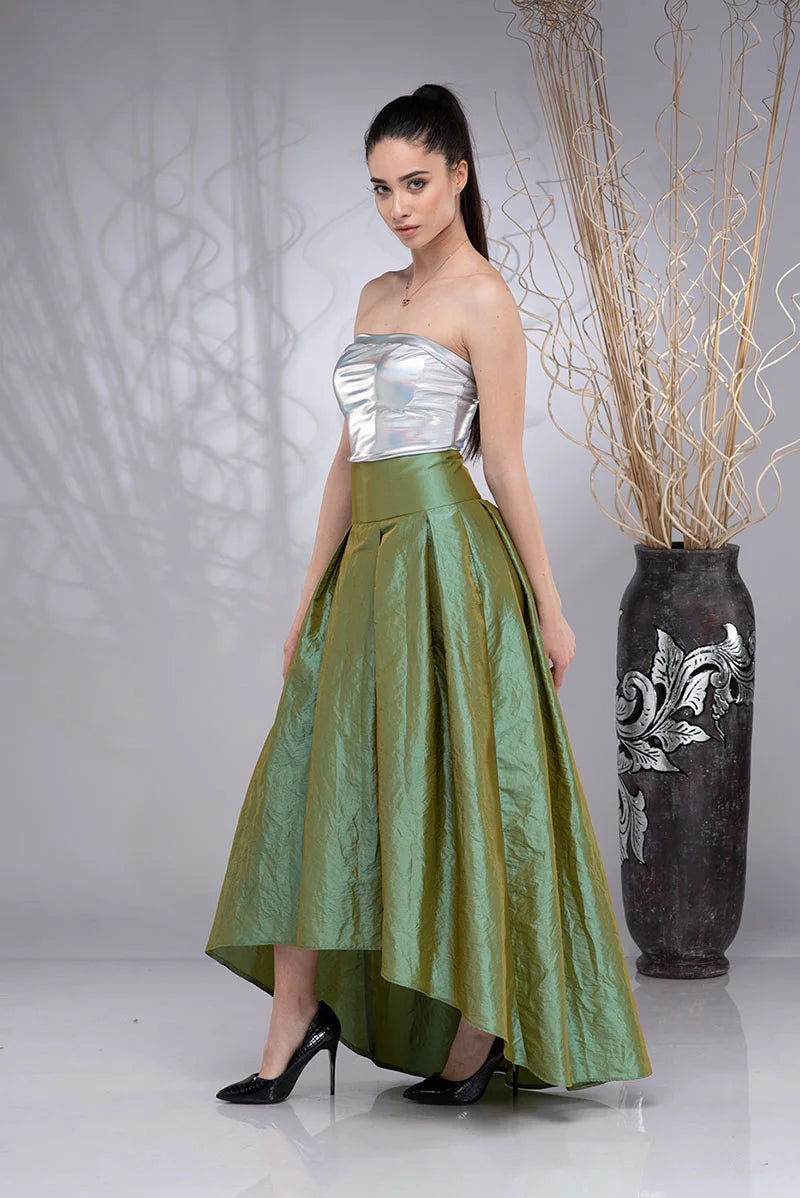 Green High Low Taffeta Skirt - Long Formal High Waist