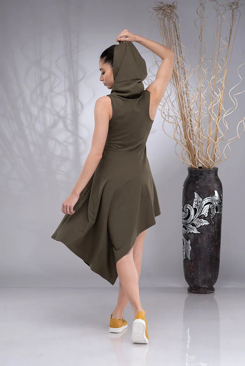Elven Cotton Asymmetrical Cowl Hood Dress