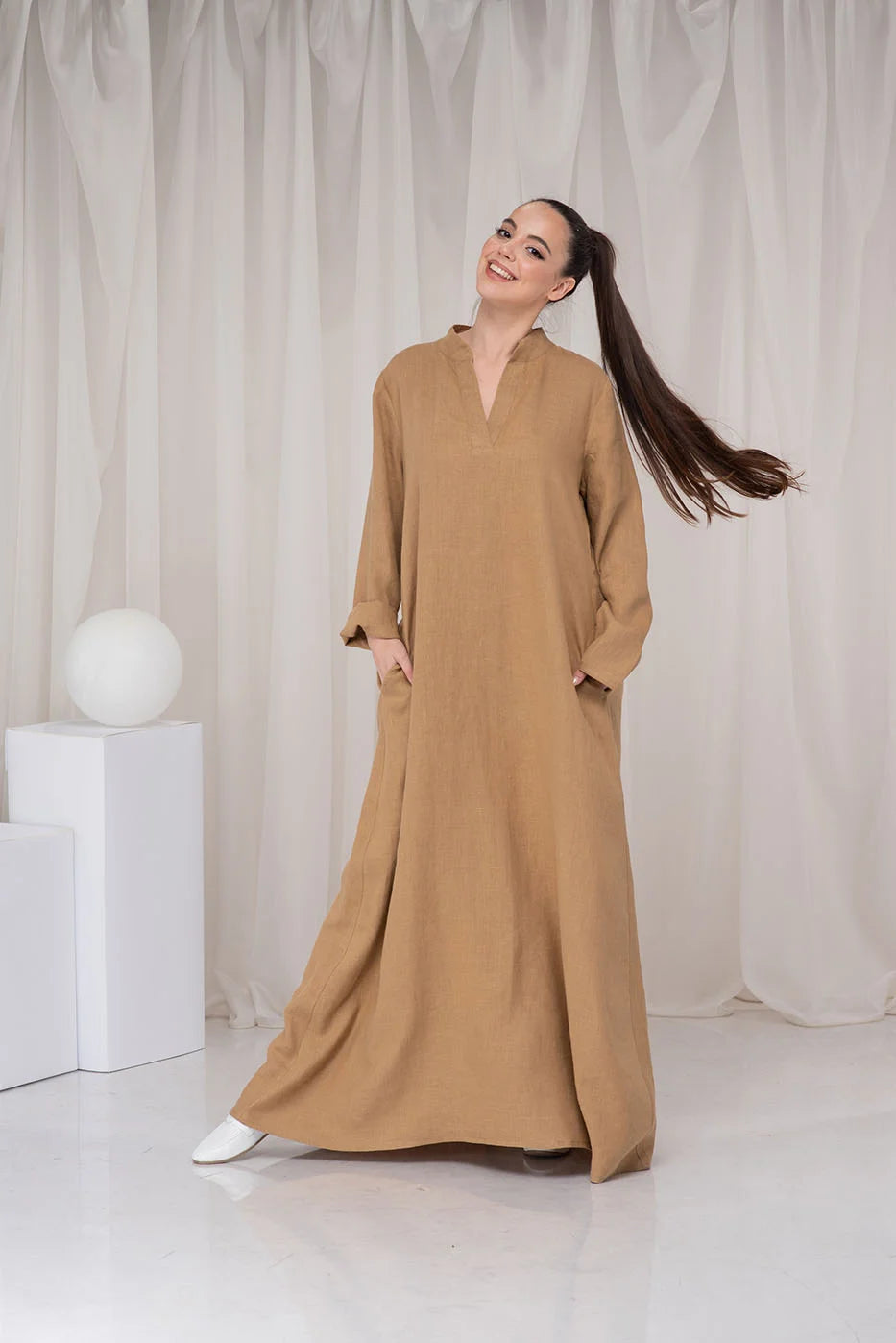 Plus Size Linen Dress - Beige Long Abaya Dress with Two Pockets
