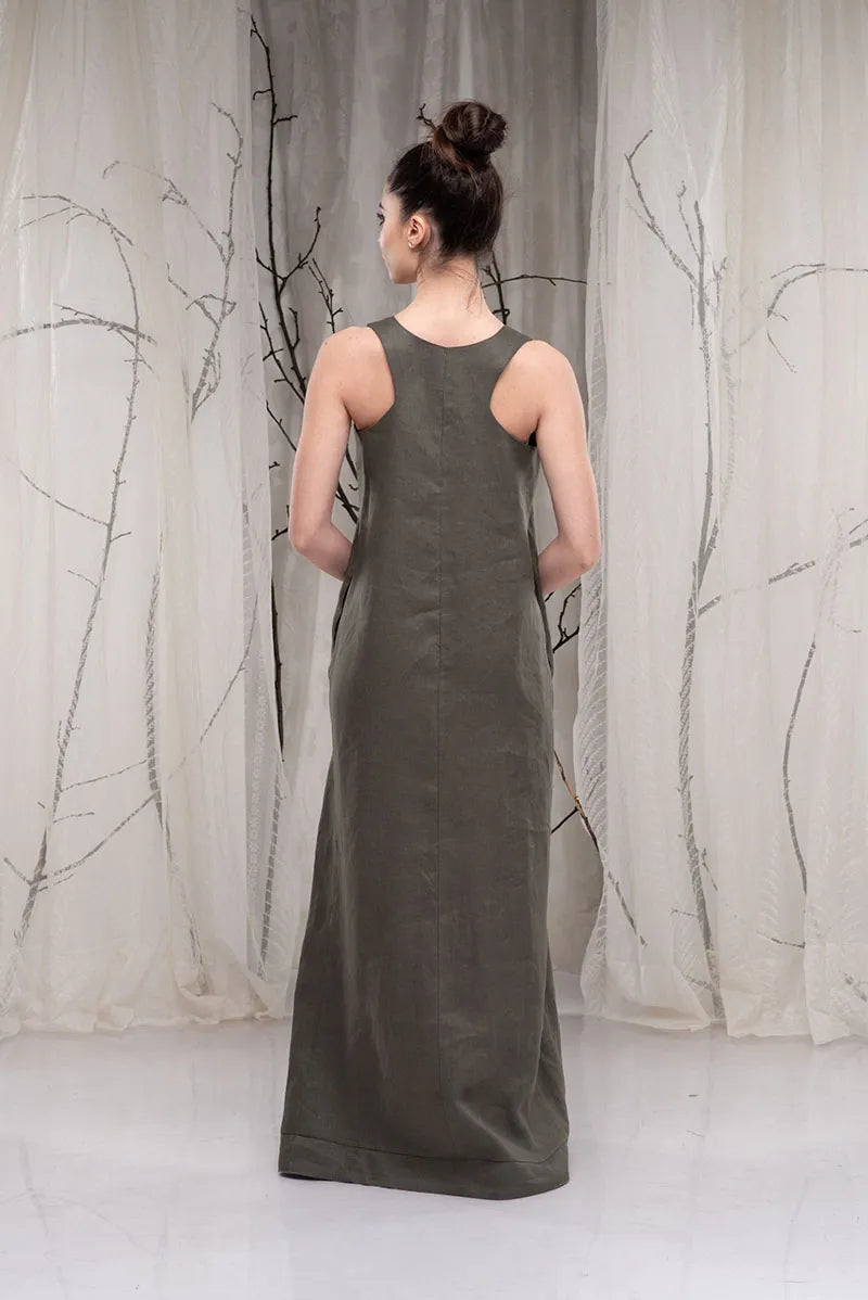 Linen Khaki Summer Maxi Dress with Obi Belt