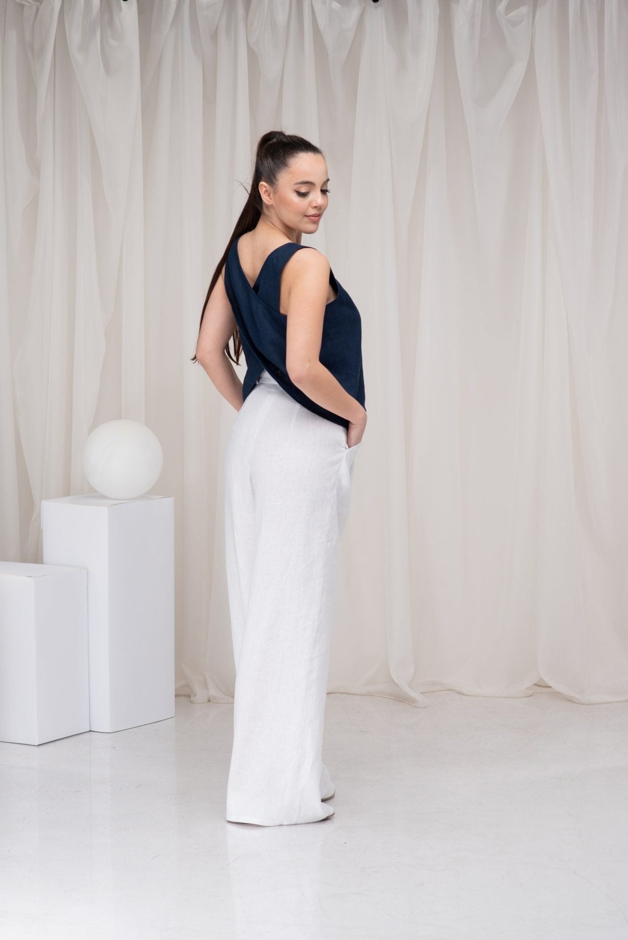 White Linen Wide Leg Palazzo Summer Pants with Two Pockets