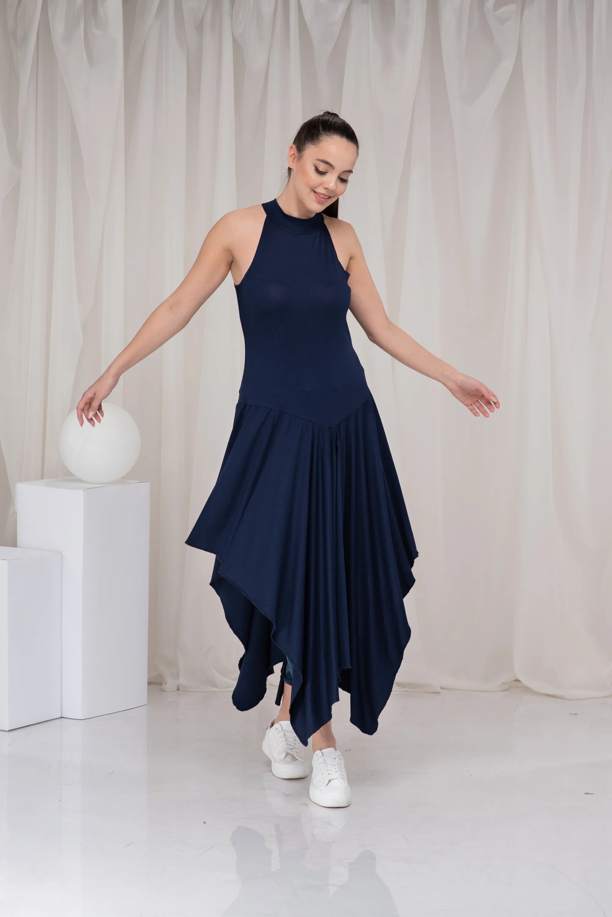 Long Blue Asymmetrical Summer Draped Tank Tunic-Danellys-2.webp