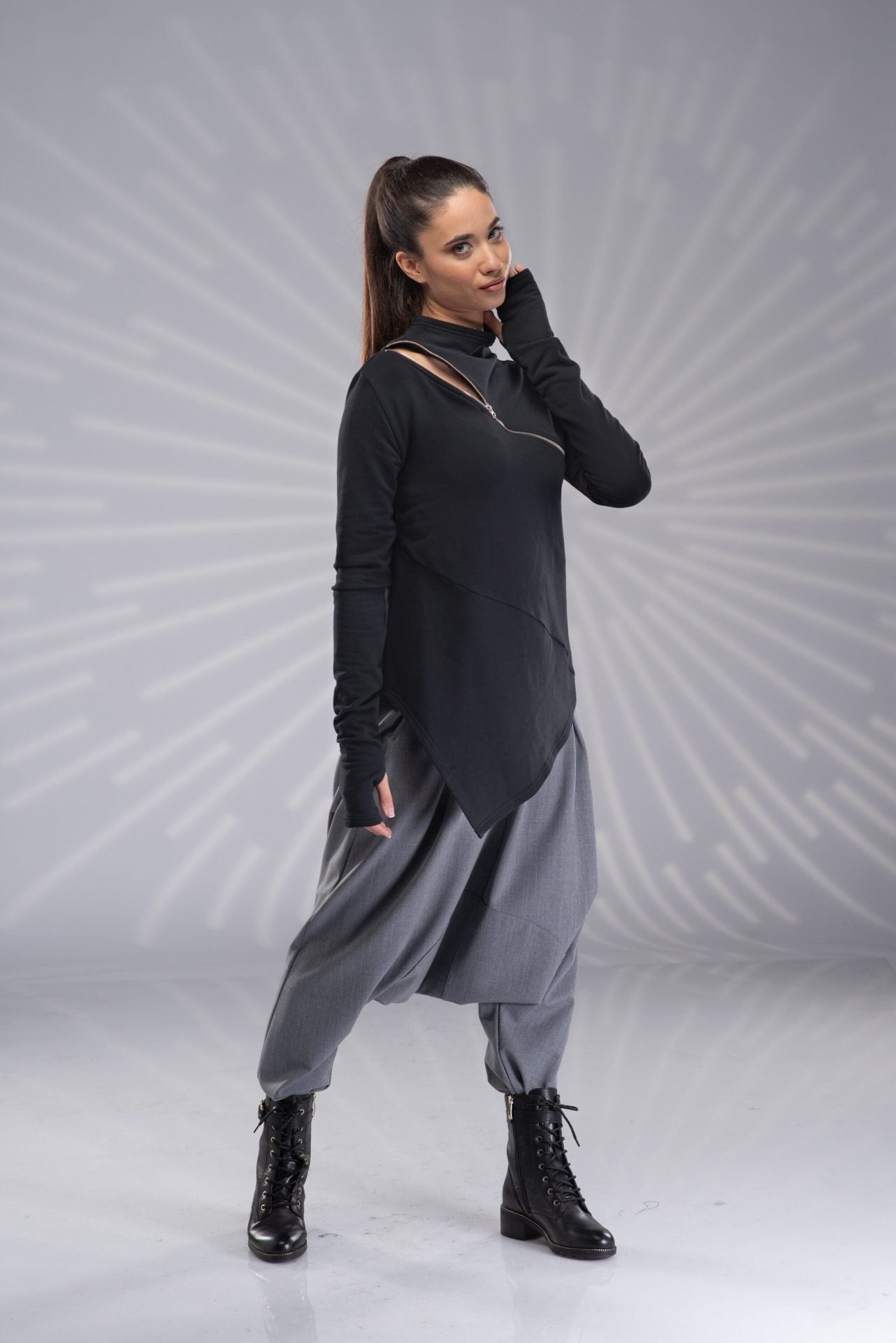 Asymmetrical Black Off Shoulder Fitted Tunic Blouse with Zipper and Thumb Holes