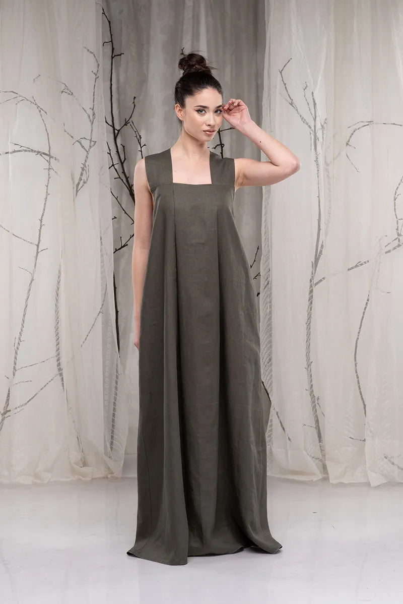 Linen Cross Back Maxi Dress with Square Neck