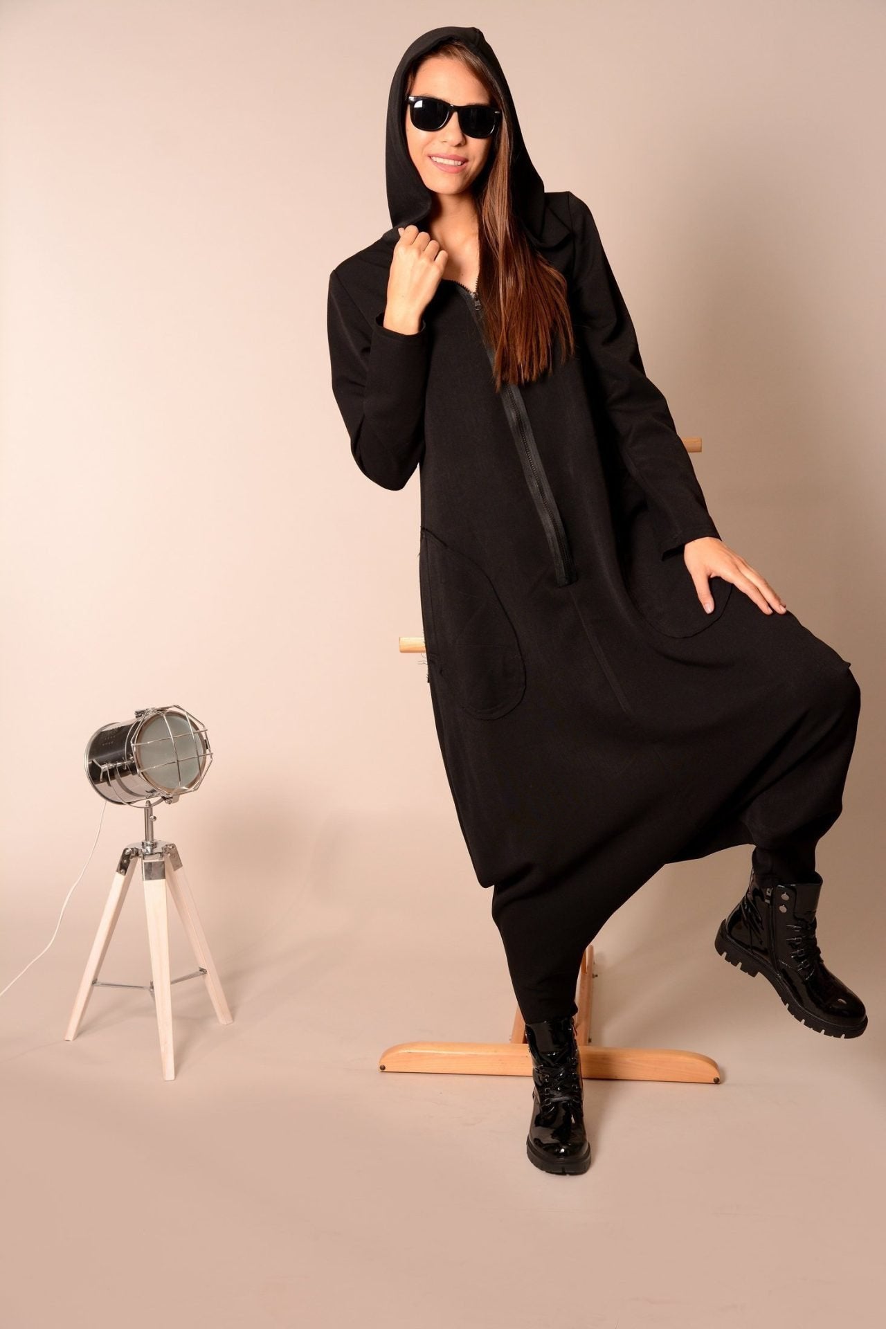 Black Plus Size Harem Hooded Maxi Romper