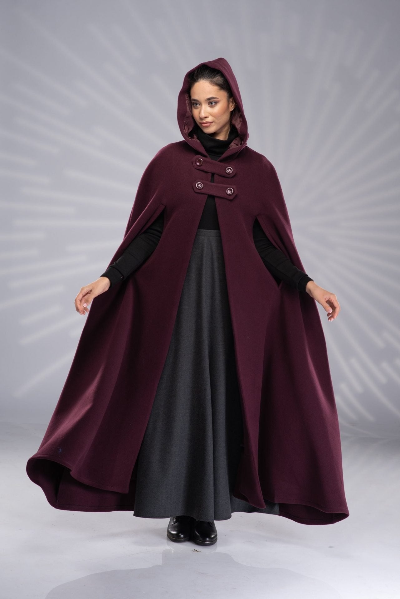 Wool Coat Cloak with Hood Long Maxi Hooded Cloak