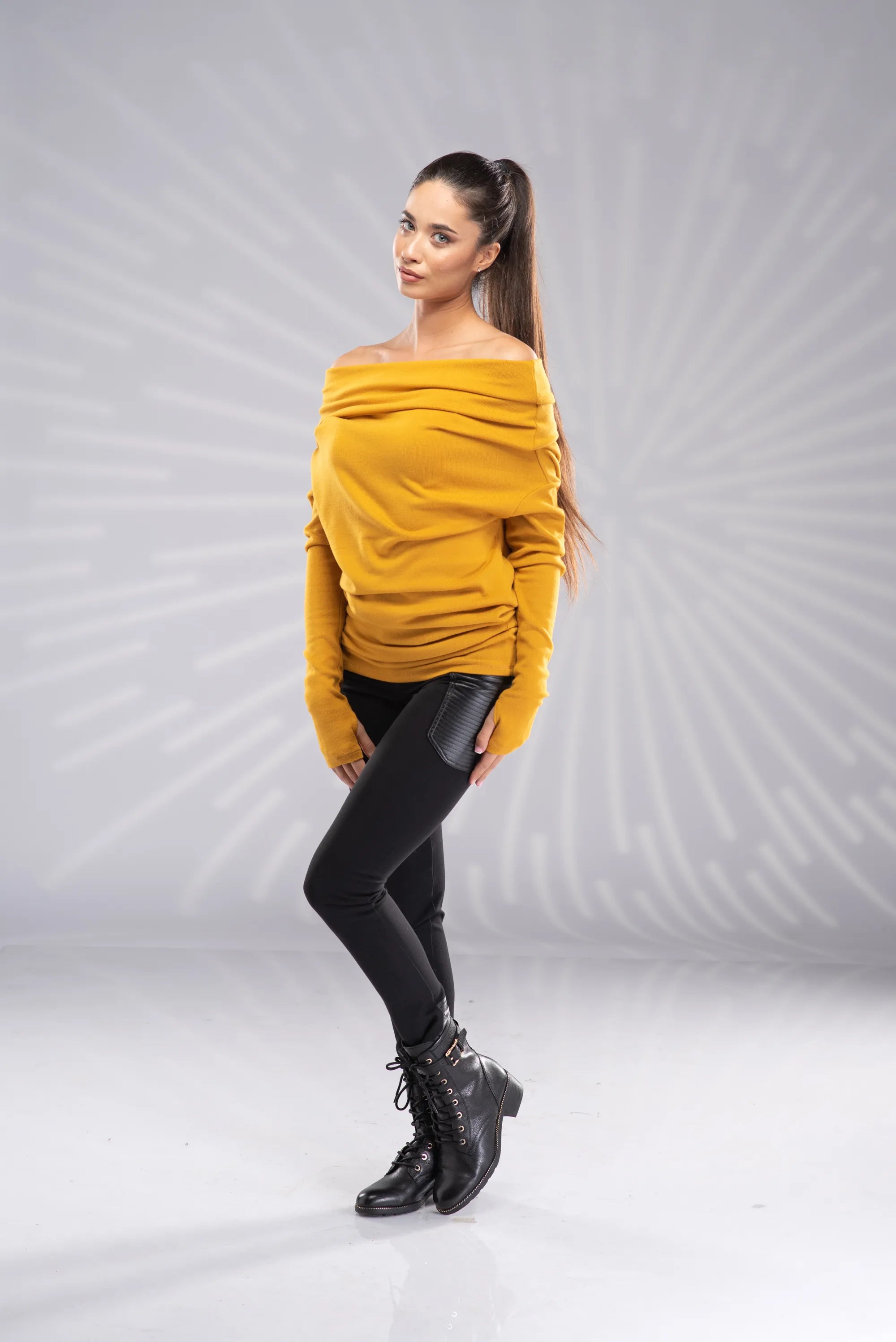 Mustard Off Shoulder Pullover-Danellys-4.webp