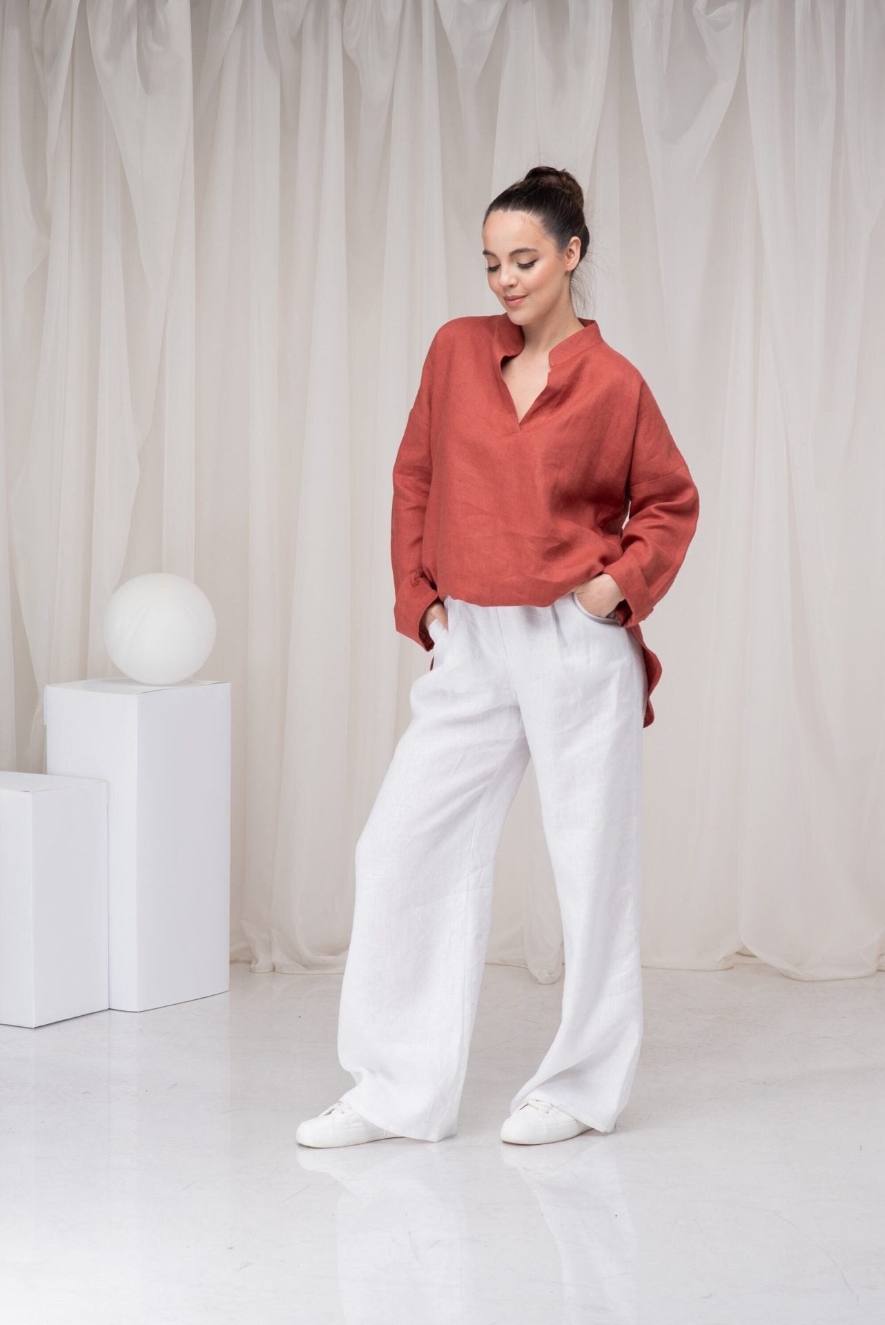 Linen Plus Size Loose Summer Burnt Orange Blouse