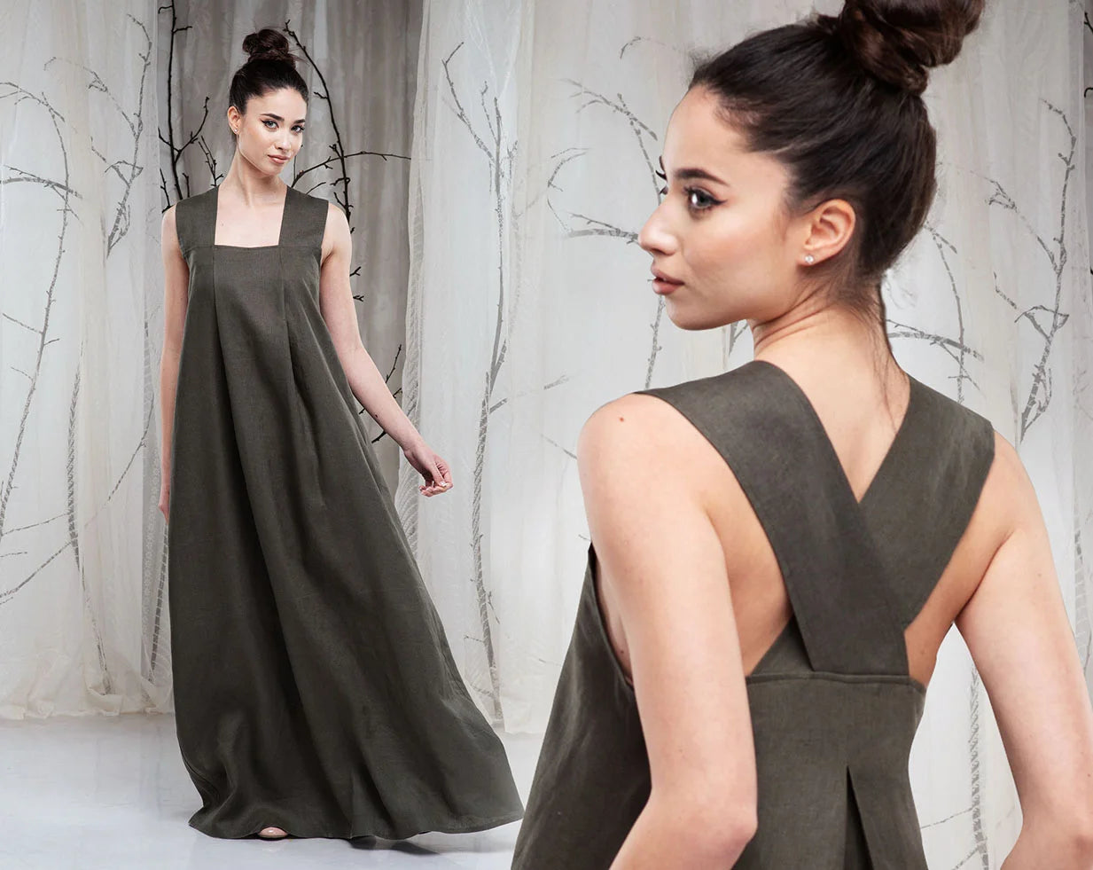 Linen Cross Back Maxi Dress with Square Neck
