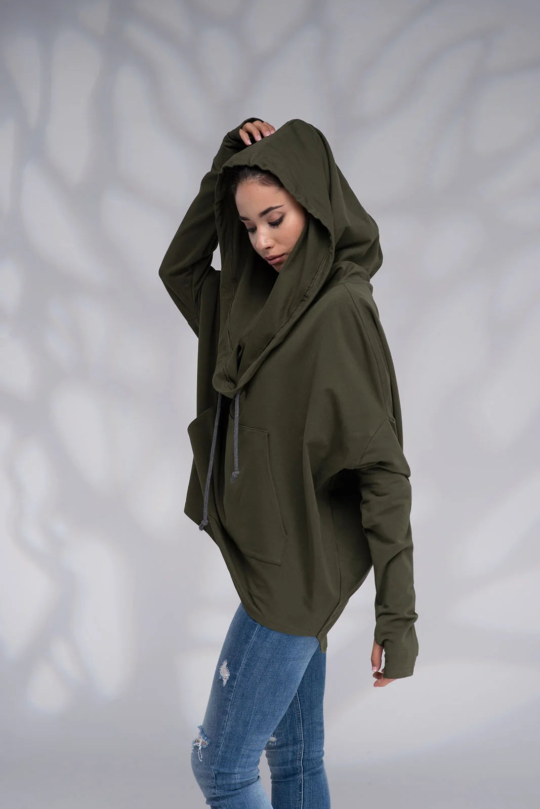 Green Tunic Sweatshirt - Loose Cowl Neck Hoodie