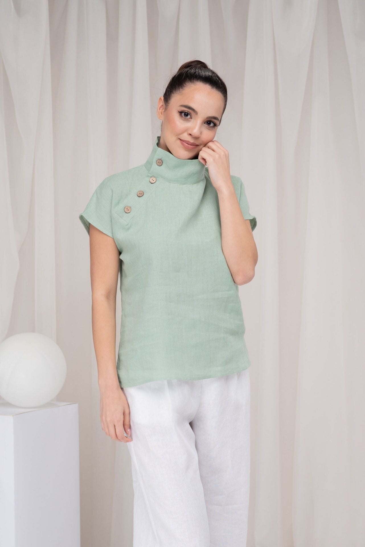 Flax Pure Linen Button up Blouse with Short Sleeve