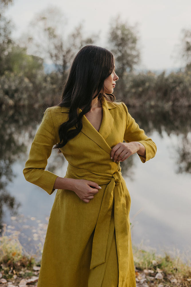 Mustard Yellow Wrap Linen Midi Dress with Long Sleeve and Shawl Collar