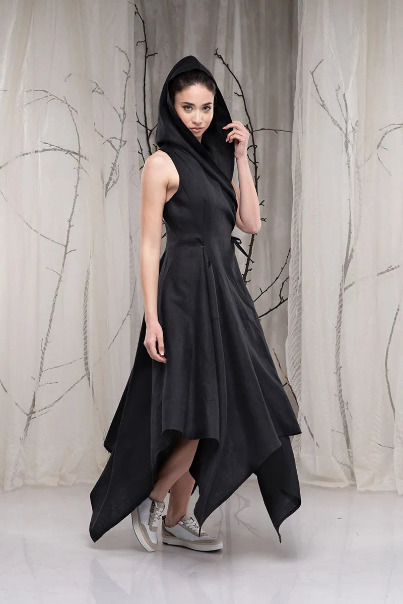 Hooded Linen Wrap Asymmetrical Black Gothic Dress-Danellys-2.webp