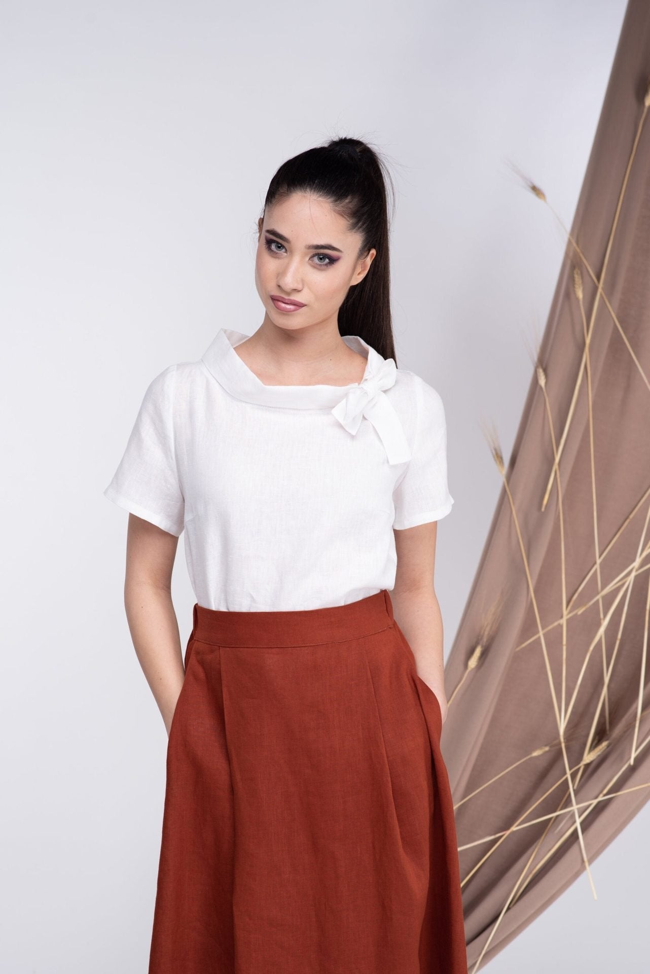 White Linen Short Sleeve Top