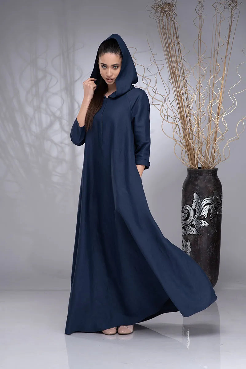 Linen Kaftan Hooded Plus Size Abaya Dress