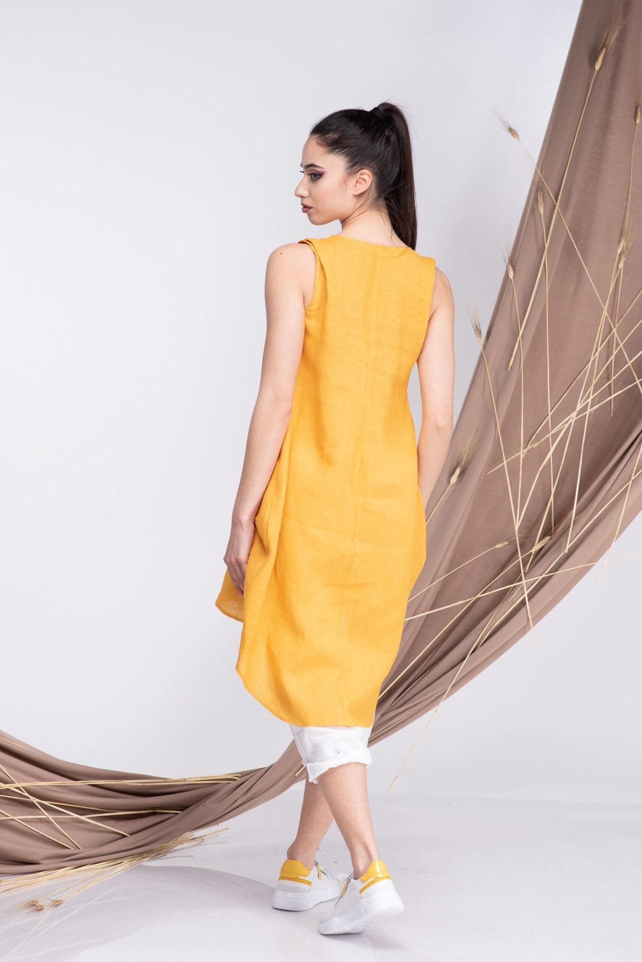 Mustard Linen Sleeveless Tunic Top