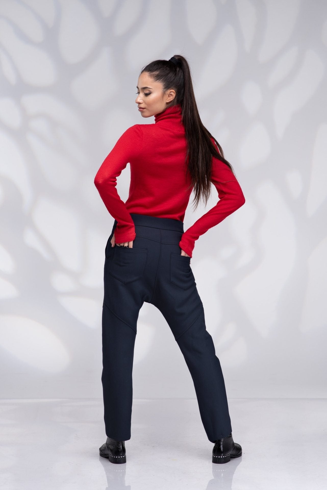 Dark Blue Harem Drop Crotch Wool Pants