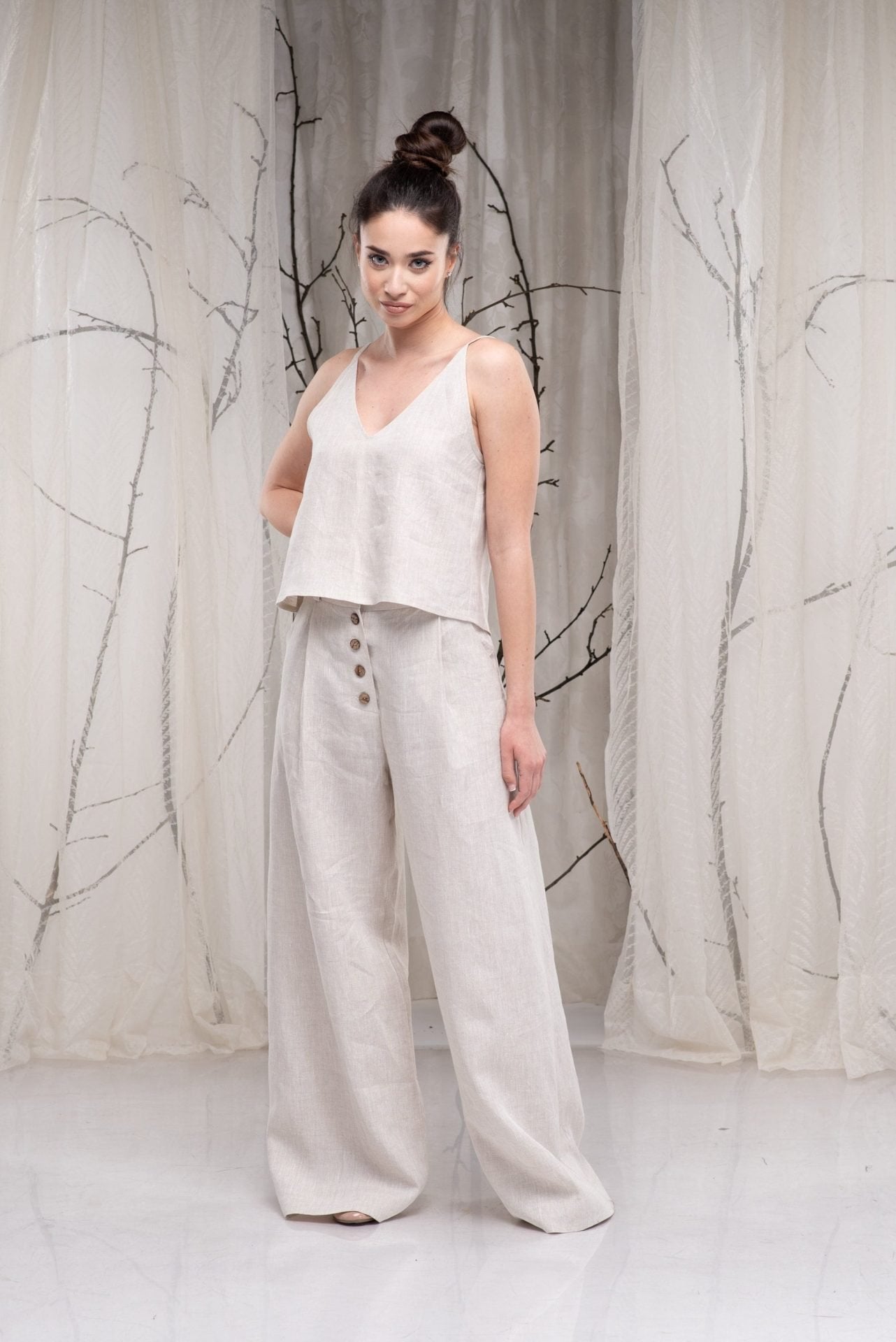 Linen Spaghetti Strap V Neck Tank Top