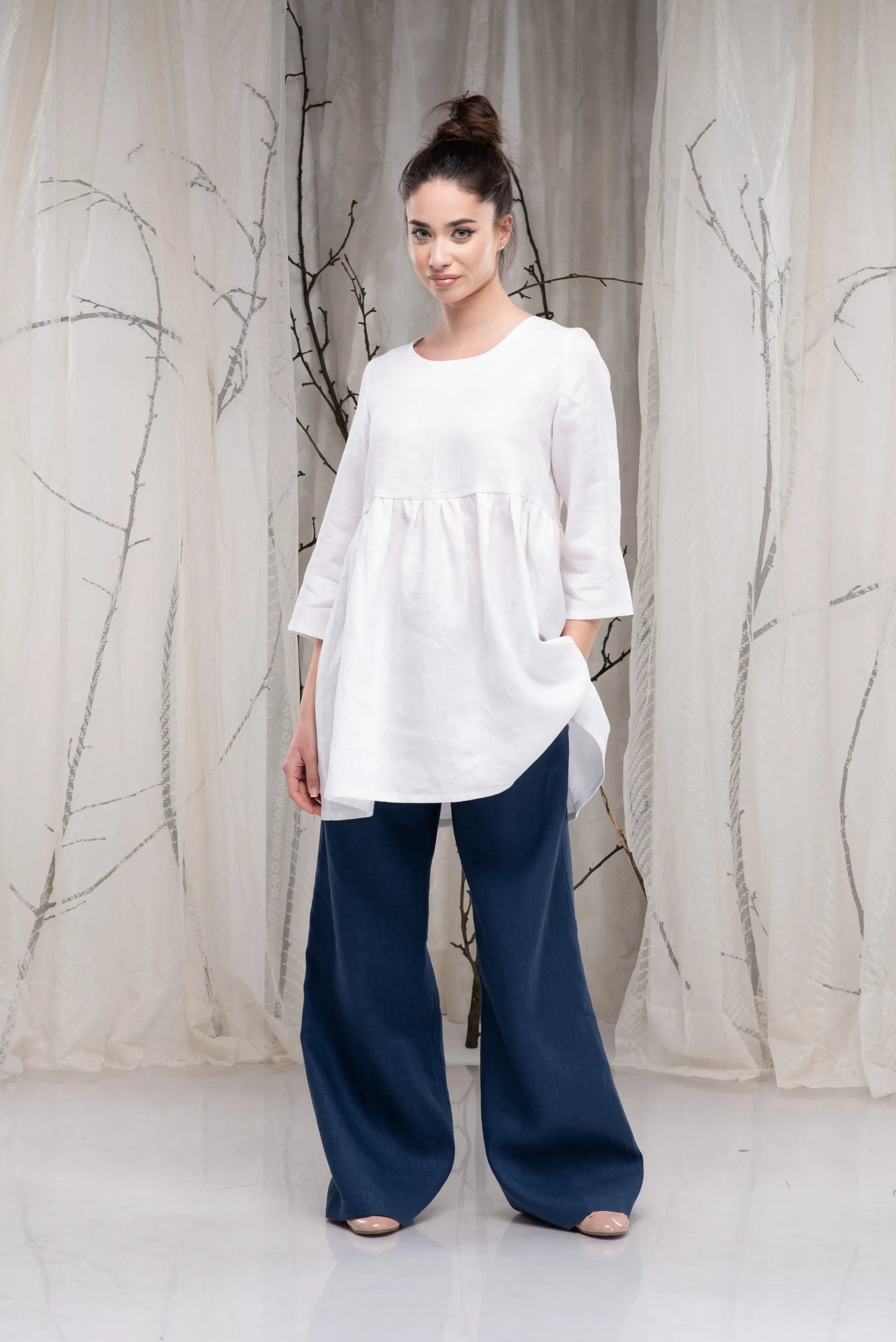 White Ruffle Linen Long Sleeves Tunic Shirt-Danellys.webp