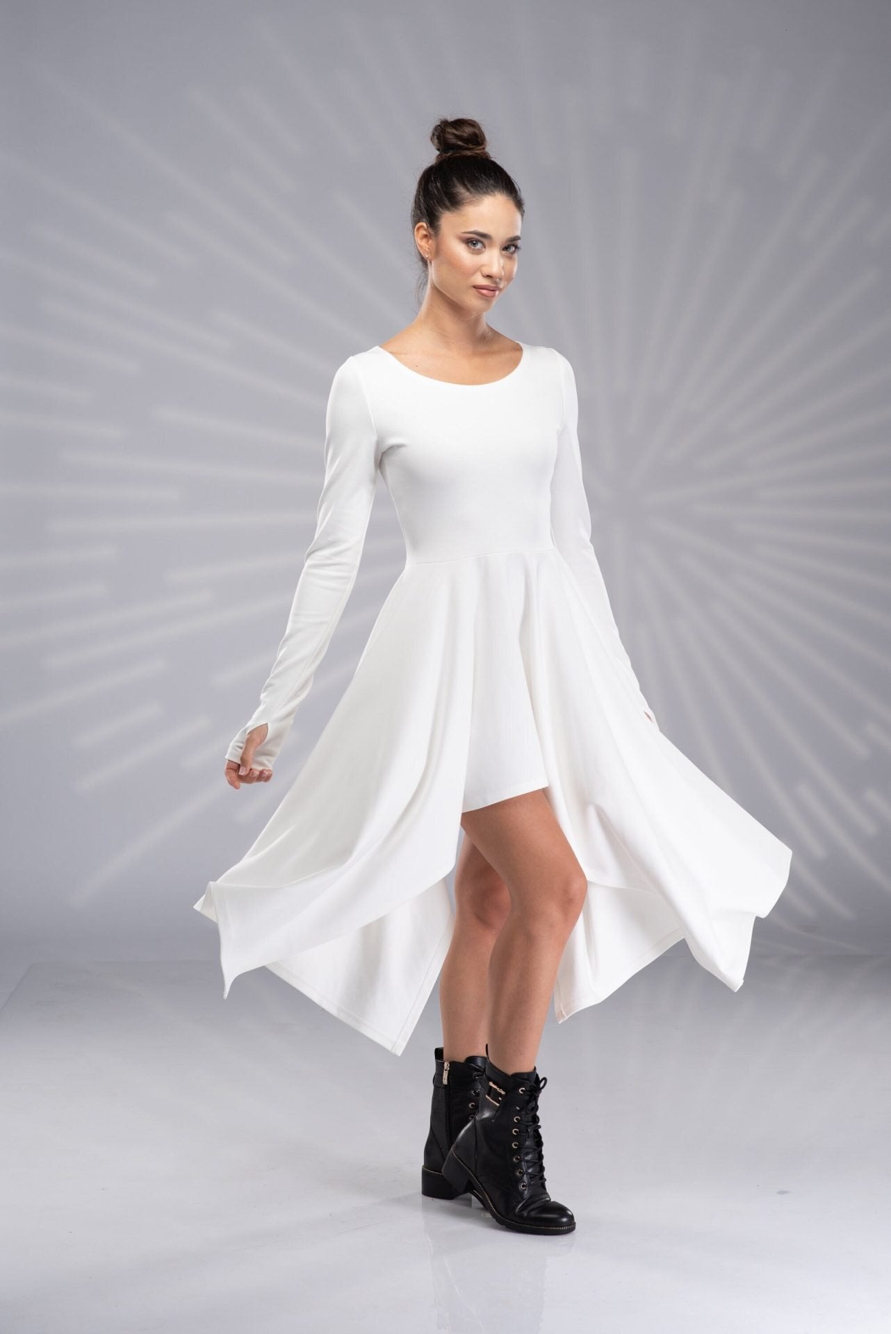White Asymmetrical Fairy Elven Wedding Sexy Dress with Thumb Holes