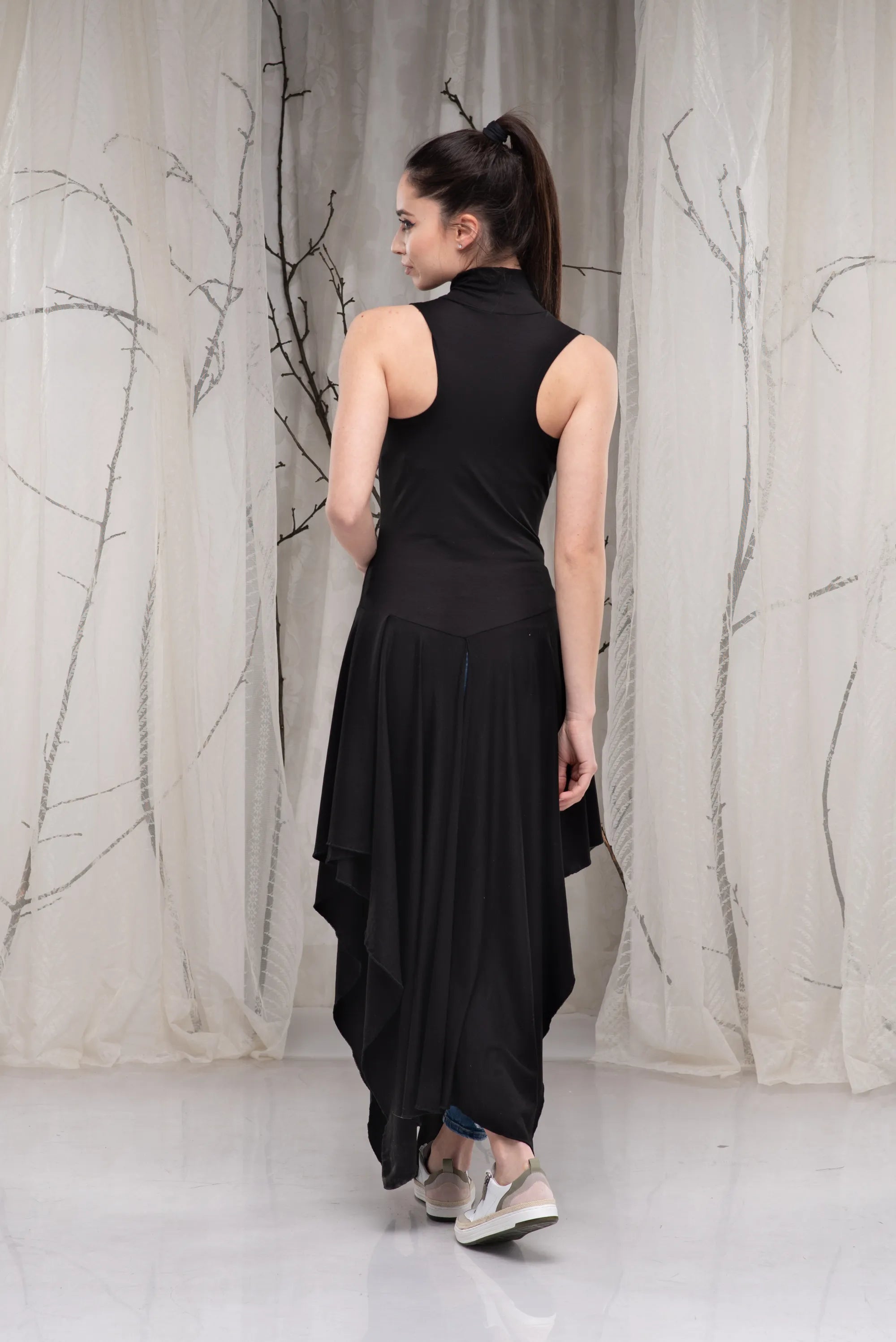 Long Black Turtleneck Asymmetrical Draped Sleeveless Tunic Top-Danellys-5.webp