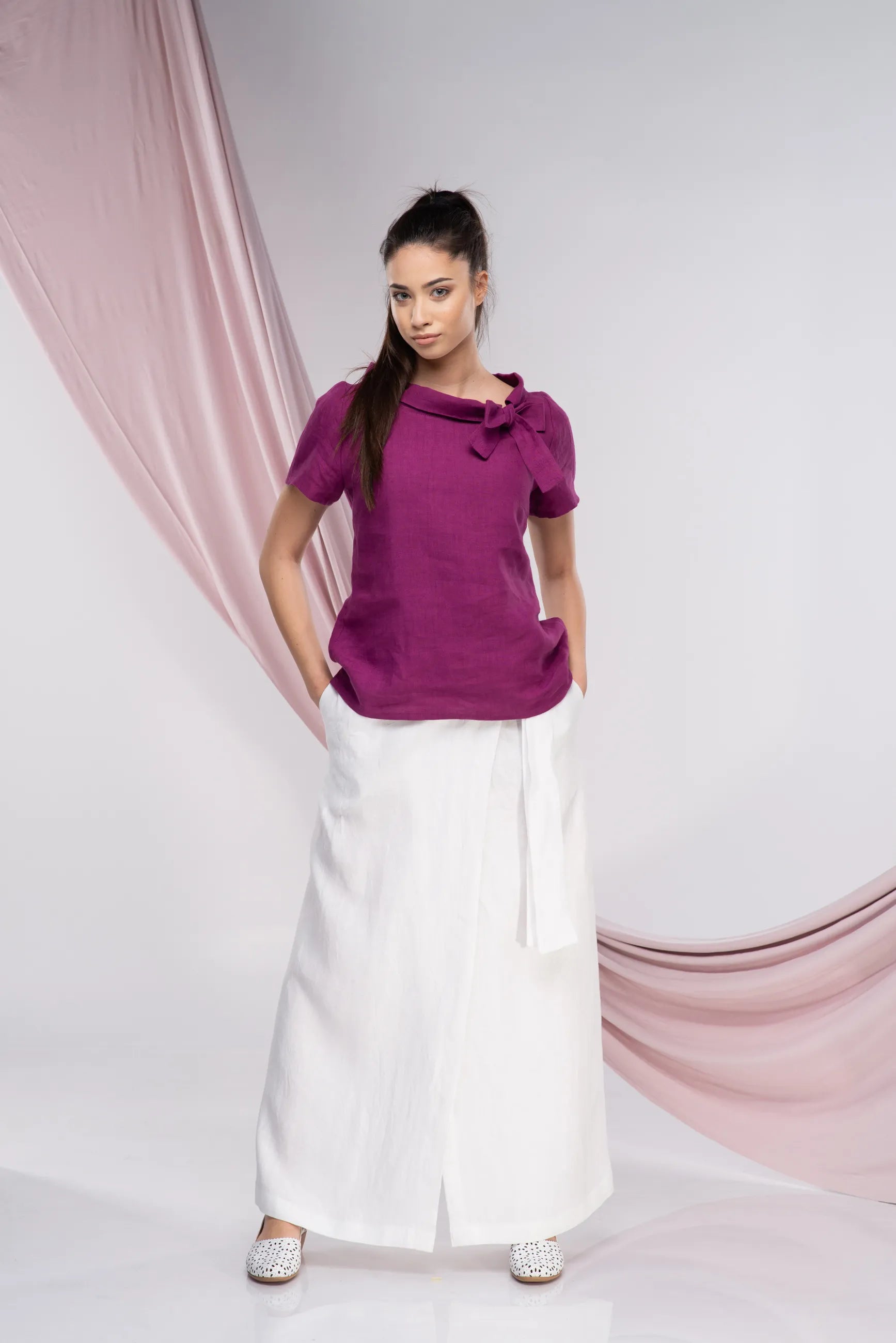 Purple Linen Short Sleeve Elegant Top-Danellys-3.webp