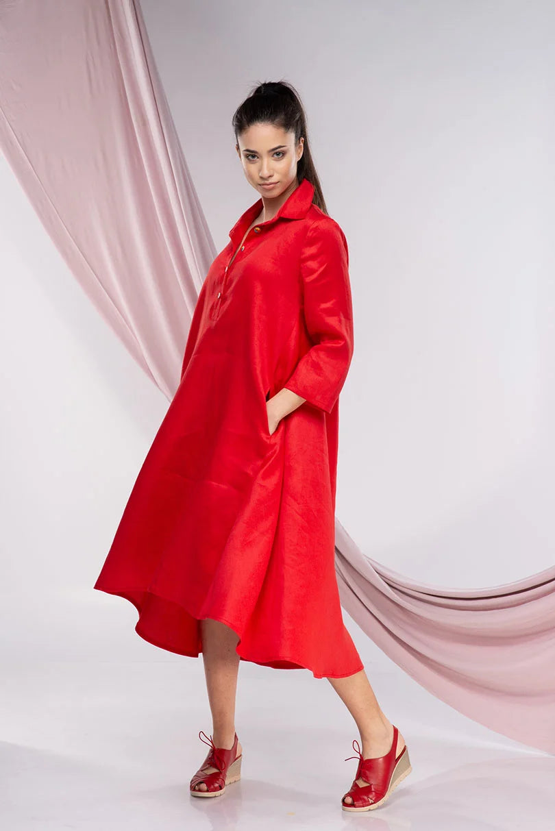 Red Linen Plus Size Evening Dress
