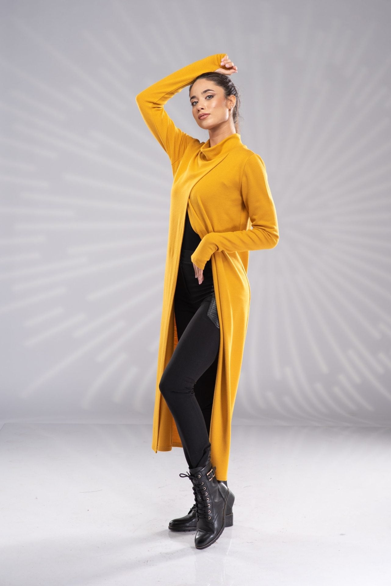 Knit Mustard Maxi Tunic Sweater Dress Side Slit with Turtleneck